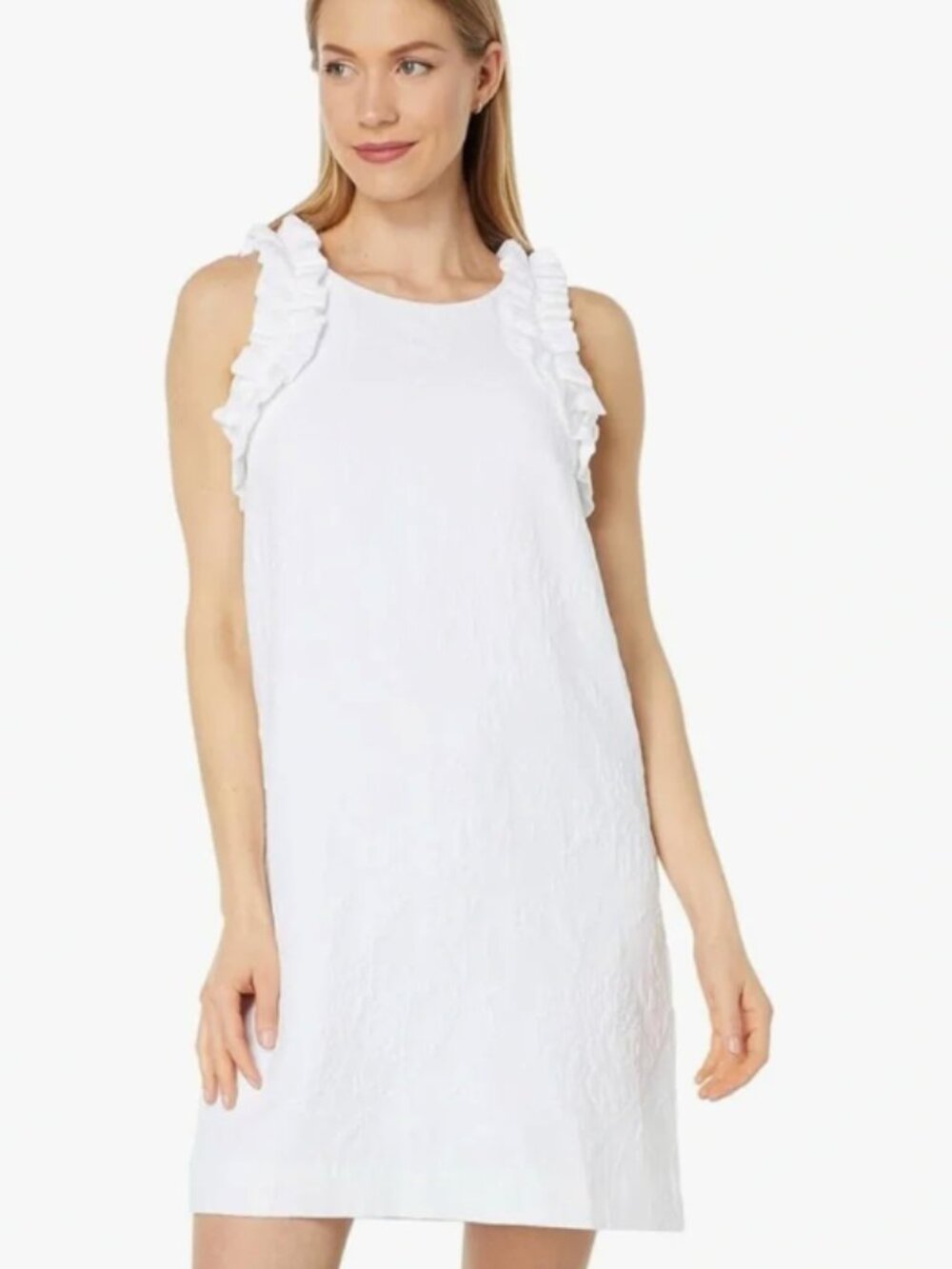 Lilly Pulitzer White Kailee Stretch Ruffle Shift Dress XL Textured Jacquard